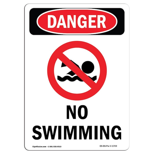 Safety Sign, OSHA Danger, 5" Height, No Swimming, Portrait, 10PK